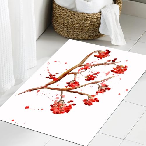 JHAOUNUK Weich Badezimmerteppich 60x90cm,Rowan Berry Branch mit Aquarell Spritzer künstlerische florale abstrakt,rutschfest waschbar Badematte Flauschige Badteppich Saugfähig Badvorleger Duschvorleger JHAOUNUK Weich Badezimmerteppich 60x90cm,Rowan Berry Branch mit Aquarell Spritzer künstlerische florale abstrakt,rutschfest waschbar Badematte Flauschige Badteppich Saugfähig Badvorleger Duschvorleger von JHAOUNUK
