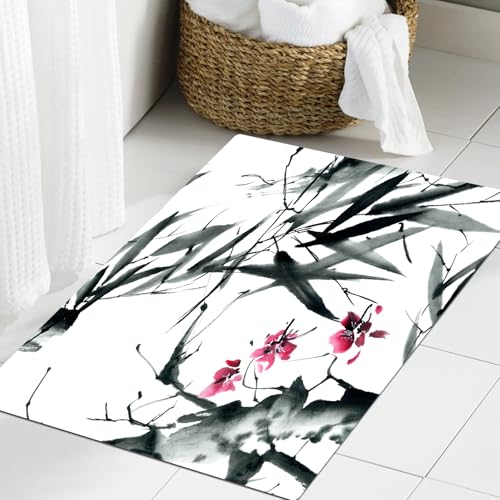 JHAOUNUK Weich Badezimmerteppich 60x90cm,Sakura-Baum und Bambusblätter. Aquarell- und Tuscheillustration im Sumi,rutschfest waschbar Badematte Flauschige Badteppich Saugfähig Badvorleger Duschvorleger von JHAOUNUK