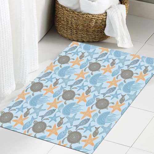 JHAOUNUK Weich Badezimmerteppich 60x90cm,Sammlung von Meerestieren aus der Natur mit Motiven inspiriert von Stam,rutschfest waschbar Badematte Flauschige Badteppich Saugfähig Badvorleger Duschvorleger von JHAOUNUK