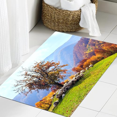 JHAOUNUK Weich Badezimmerteppich 60x90cm,Schafe unter Hirten Morgen Sonne Baum Herbst Bauernhof Natur Himmel län,rutschfest waschbar Badematte Flauschige Badteppich Saugfähig Badvorleger Duschvorleger von JHAOUNUK