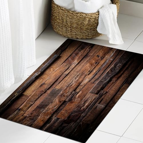 JHAOUNUK Weich Badezimmerteppich 60x90cm,Schokolade, Dunkel Dunkle Holzstruktur Rustikales Bild Country-Thema Ha,rutschfest waschbar Badematte Flauschige Badteppich Saugfähig Badvorleger Duschvorleger von JHAOUNUK