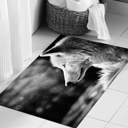 JHAOUNUK Weich Badezimmerteppich 60x90cm,Schwarz-Weiß-Dekorationen, Wolf-Profil-Porträt im Natur-Wildlife-Karne,rutschfest waschbar Badematte Flauschige Badteppich Saugfähig Badvorleger Duschvorleger von JHAOUNUK