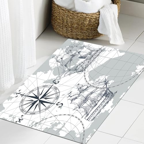 JHAOUNUK Weich Badezimmerteppich 60x90cm,Segelboot Seekarte grau Boot Skizze Schiff Rad Kompass Anker,rutschfest waschbar Badematte Flauschige Badteppich Saugfähig Badvorleger Duschvorleger JHAOUNUK Weich Badezimmerteppich 60x90cm,Segelboot Seekarte grau Boot Skizze Schiff Rad Kompass Anker,rutschfest waschbar Badematte Flauschige Badteppich Saugfähig Badvorleger Duschvorleger von JHAOUNUK