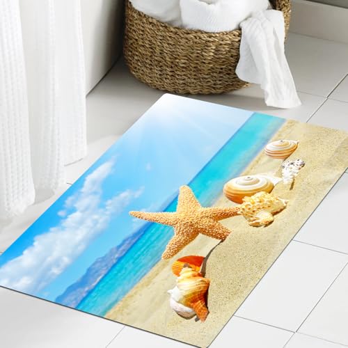 JHAOUNUK Weich Badezimmerteppich 60x90cm,Sommer Strand Thema und Sand mit Seesternen Muscheln Strahlen in den Hi,rutschfest waschbar Badematte Flauschige Badteppich Saugfähig Badvorleger Duschvorleger JHAOUNUK Weich Badezimmerteppich 60x90cm,Sommer Strand Thema und Sand mit Seesternen Muscheln Strahlen in den Hi,rutschfest waschbar Badematte Flauschige Badteppich Saugfähig Badvorleger Duschvorleger von JHAOUNUK