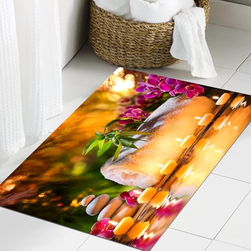 JHAOUNUK Weich Badezimmerteppich 60x90cm,Spa, Asian Classic Spa Freude im Garten mit romantischen Kerzen und Orc,rutschfest waschbar Badematte Flauschige Badteppich Saugfähig Badvorleger Duschvorleger von JHAOUNUK