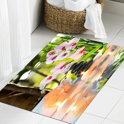 JHAOUNUK Weich Badezimmerteppich 60x90cm,Spa, Massage-Spa-Thema mit Kerzen, Orchideen und Steinen im japanischen,rutschfest waschbar Badematte Flauschige Badteppich Saugfähig Badvorleger Duschvorleger von JHAOUNUK