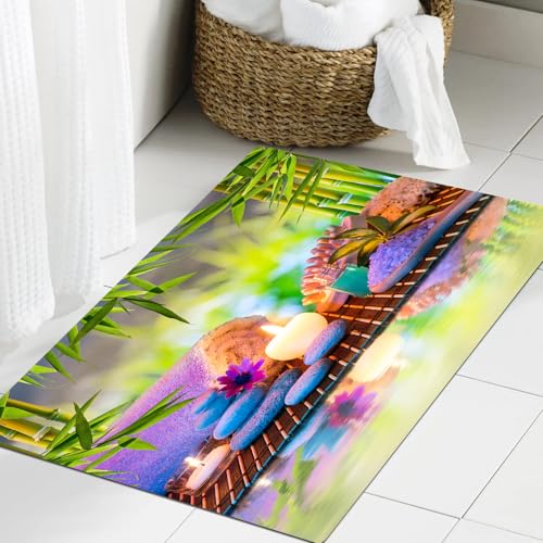 JHAOUNUK Weich Badezimmerteppich 60x90cm,Spa, Steine mit Kerzen Entspannung des orientalischen Yoga Chakra,rutschfest waschbar Badematte Flauschige Badteppich Saugfähig Badvorleger Duschvorleger von JHAOUNUK