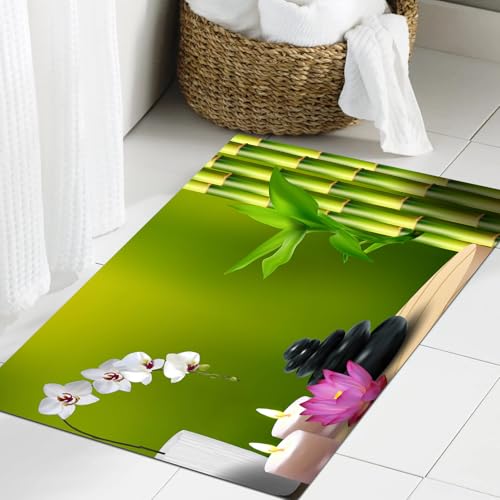 JHAOUNUK Weich Badezimmerteppich 60x90cm,Spa-Dekor, Bambus-Blumensteinwachs auf dem Tisch, Orchideenstein, gesun,rutschfest waschbar Badematte Flauschige Badteppich Saugfähig Badvorleger Duschvorleger von JHAOUNUK