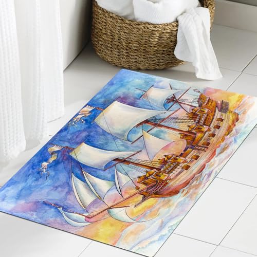 JHAOUNUK Weich Badezimmerteppich 60x90cm,Spanische Galeone überquert den Ozean (Aquafarben auf Papier),rutschfest waschbar Badematte Flauschige Badteppich Saugfähig Badvorleger Duschvorleger von JHAOUNUK