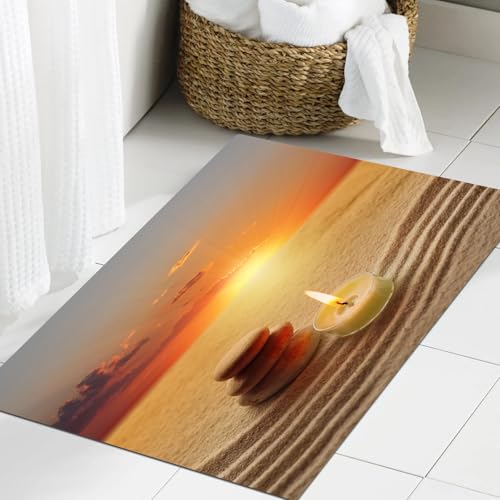 JHAOUNUK Weich Badezimmerteppich 60x90cm,Stapel von Steinen und Kerze Chakra Zen Yoga Horizont Hintergrund,rutschfest waschbar Badematte Flauschige Badteppich Saugfähig Badvorleger Duschvorleger von JHAOUNUK