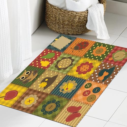 JHAOUNUK Weich Badezimmerteppich 60x90cm,Süße Natur Figur Themen Eule Marien Blume Hut Schmetterling patchw,rutschfest waschbar Badematte Flauschige Badteppich Saugfähig Badvorleger Duschvorleger von JHAOUNUK