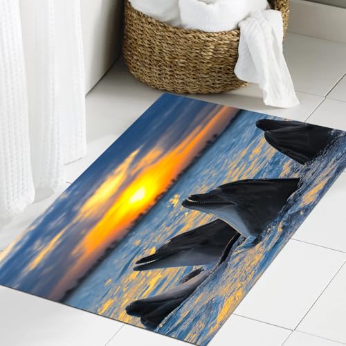 JHAOUNUK Weich Badezimmerteppich 60x90cm,Tier, Foto von den Großen Tümmlern in der Sonne,rutschfest waschbar Badematte Flauschige Badteppich Saugfähig Badvorleger Duschvorleger von JHAOUNUK