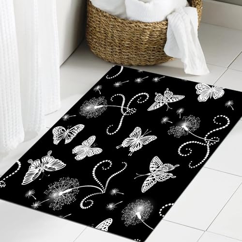 JHAOUNUK Weich Badezimmerteppich 60x90cm,Vektormuster in Schwarz und Weiß. Löwenzahn und Schmetterlinge in weiße,rutschfest waschbar Badematte Flauschige Badteppich Saugfähig Badvorleger Duschvorleger JHAOUNUK Weich Badezimmerteppich 60x90cm,Vektormuster in Schwarz und Weiß. Löwenzahn und Schmetterlinge in weiße,rutschfest waschbar Badematte Flauschige Badteppich Saugfähig Badvorleger Duschvorleger von JHAOUNUK