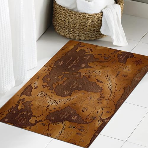 JHAOUNUK Weich Badezimmerteppich 60x90cm,Vintage Retro Ozean Berg Weltkarte,rutschfest waschbar Badematte Flauschige Badteppich Saugfähig Badvorleger Duschvorleger JHAOUNUK Weich Badezimmerteppich 60x90cm,Vintage Retro Ozean Berg Weltkarte,rutschfest waschbar Badematte Flauschige Badteppich Saugfähig Badvorleger Duschvorleger von JHAOUNUK