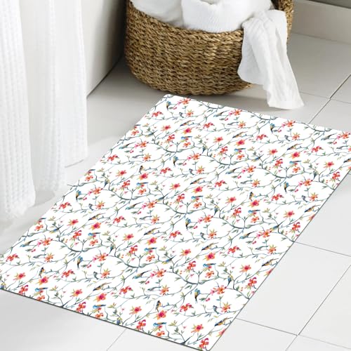 JHAOUNUK Weich Badezimmerteppich 60x90cm,Vögel auf Zweigen mit Blumen und Blättern Szenen aus der Natur,rutschfest waschbar Badematte Flauschige Badteppich Saugfähig Badvorleger Duschvorleger von JHAOUNUK