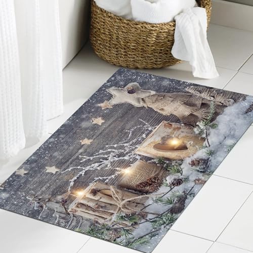 JHAOUNUK Weich Badezimmerteppich 60x90cm,Weihnachtswand Holz Geschenke Ornamente Kerze Winter Urlaub, mehrfarbig,rutschfest waschbar Badematte Flauschige Badteppich Saugfähig Badvorleger Duschvorleger von JHAOUNUK