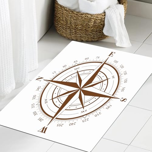 JHAOUNUK Weich Badezimmerteppich 60x90cm,Windrose braun mit einer Skala und einem Pfeil in Form eines Sternpolyg,rutschfest waschbar Badematte Flauschige Badteppich Saugfähig Badvorleger Duschvorleger von JHAOUNUK