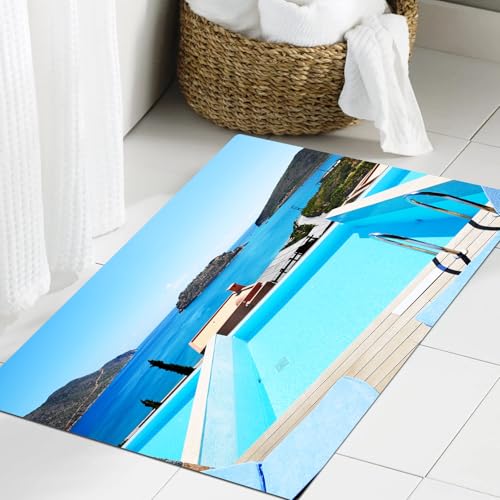 JHAOUNUK Weich Badezimmerteppich 60x90cm,Wohndeko, Pool Hotel mit Aussicht l Kreta Griechenland Terrasse Tür,rutschfest waschbar Badematte Flauschige Badteppich Saugfähig Badvorleger Duschvorleger JHAOUNUK Weich Badezimmerteppich 60x90cm,Wohndeko, Pool Hotel mit Aussicht l Kreta Griechenland Terrasse Tür,rutschfest waschbar Badematte Flauschige Badteppich Saugfähig Badvorleger Duschvorleger von JHAOUNUK