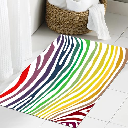 JHAOUNUK Weich Badezimmerteppich 60x90cm,Zebra-Print, zebrafarbenes Streifenmuster im Regenbogenfarbstil,rutschfest waschbar Badematte Flauschige Badteppich Saugfähig Badvorleger Duschvorleger JHAOUNUK Weich Badezimmerteppich 60x90cm,Zebra-Print, zebrafarbenes Streifenmuster im Regenbogenfarbstil,rutschfest waschbar Badematte Flauschige Badteppich Saugfähig Badvorleger Duschvorleger von JHAOUNUK