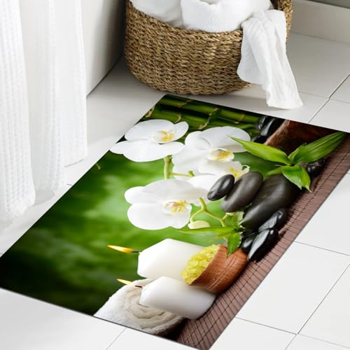JHAOUNUK Weich Badezimmerteppich 60x90cm,Zen-Basaltsteine und Orchidee auf dem Holz,rutschfest waschbar Badematte Flauschige Badteppich Saugfähig Badvorleger Duschvorleger JHAOUNUK Weich Badezimmerteppich 60x90cm,Zen-Basaltsteine und Orchidee auf dem Holz,rutschfest waschbar Badematte Flauschige Badteppich Saugfähig Badvorleger Duschvorleger von JHAOUNUK