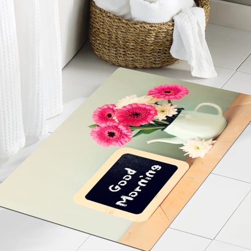 JHAOUNUK Weich Badezimmerteppich 60x90cm,Zitat, Tafel mit der Phrase „Guten Morgen“ darüber geschrieben neben Va,rutschfest waschbar Badematte Flauschige Badteppich Saugfähig Badvorleger Duschvorleger von JHAOUNUK