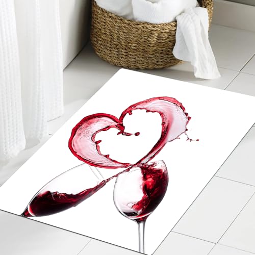 JHAOUNUK Weich Badezimmerteppich 60x90cm,Zwei Gläser Rotwein abstraktes Herz Splash,rutschfest waschbar Badematte Flauschige Badteppich Saugfähig Badvorleger Duschvorleger von JHAOUNUK