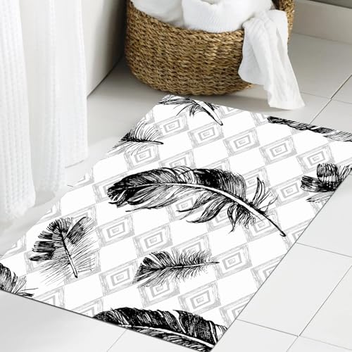 JHAOUNUK Weich Badezimmerteppich 60x90cm,nahtloses Muster mit handgezeichneten Federn,rutschfest waschbar Badematte Flauschige Badteppich Saugfähig Badvorleger Duschvorleger von JHAOUNUK