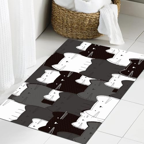 JHAOUNUK Weich Badezimmerteppich 60x90cm,süße schwarz-weiße Katzenmuster-Vektorillustration,rutschfest waschbar Badematte Flauschige Badteppich Saugfähig Badvorleger Duschvorleger von JHAOUNUK