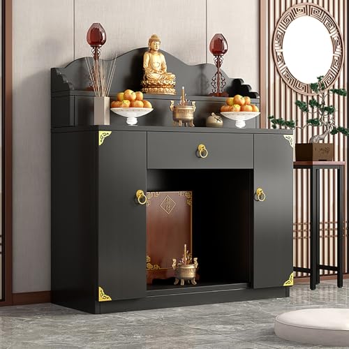 JHDXL Altartisch mit Schublade & Regal, Holzschrein Buddha Altar Meditationstisch, Puja-Tisch Orientalischer Schrank, für Gebete, Weissagung, Anbetung(Black,98cm/38.5in) von JHDXL