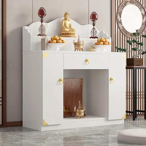 JHDXL Altartisch mit Schublade & Regal, Holzschrein Buddha Altar Meditationstisch, Puja-Tisch Orientalischer Schrank, für Gebete, Weissagung, Anbetung(White,128cm/50.5in) von JHDXL