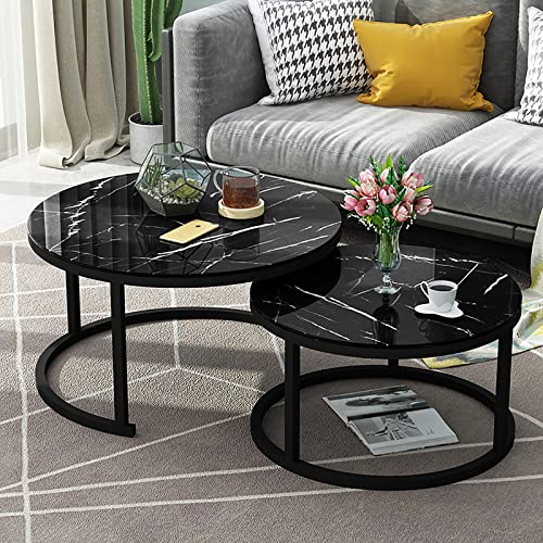 JHKG Couchtisch mit Metallrahmen, rund, stapelbar, stilvoll, Glasplatte in Marmoroptik, für Zuhause, Büro oder Wohnzimmer, Größen 70 cm, Schwarz + 50 cm, Weiß von JHKG