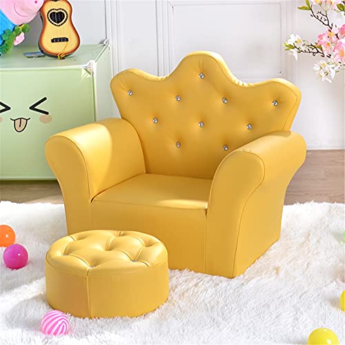 JHKGY Kindersofastuhl,Kindersofa Mit Fußhocker,Gepolsterte Couch Für Kleinkinder Mit Holzrahmen,Kindersessel Crown,Kinderstuhl Aus PVC-Leder,Für Wohnzimmer Schlafzimmer,Gelb von JHKGY