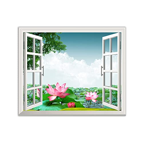 3D Fensterblick Bild auf Leinwand,Landschaftsbilder auf Leinwand,Lotusblätter Blumen,Natur Druck auf Leinwand,Leinwandbilder für Wohnzimmer,Poster und Drucke 80x96cm Rahmenlos von JHLA