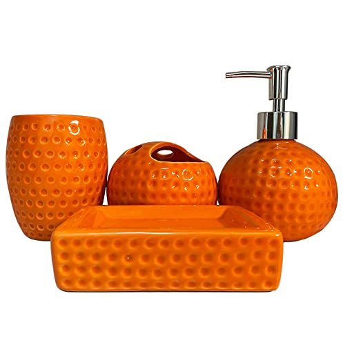 Badezimmer-Zubehör-Set, orange, 4-teiliges Keramik-Badezimmer-Dekor-Zubehör, komplettes Set, inklusive Badezimmer-Seifenspender-Set, Zahnbürstenhalter-Set, Becher, Seifenschale von JHLAYKG