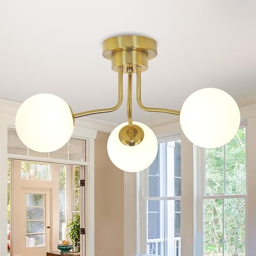 JHLBYL Modern Gold Deckenlampe, 3-Flammig Weiß Globe Glasschirm mit G9 Lampenfassung Halb Bündig Montiert Deckenleuchte, Gold Pendelleuchte für Wohnzimmer, Schlafzimmer, Esszimmer von JHLBYL