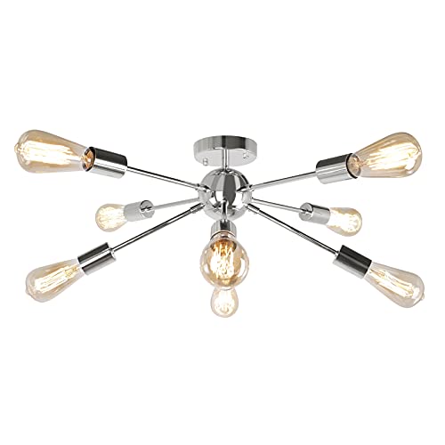 JHLBYL Modern Silber Deckenleuchte Sputnik Kronleuchter, 8-Flammig Vintage Chrom Metall Semi Flush Mount E27 Deckenlampe für Schlafzimmer Wohnzimmer Esszimmer Küche von JHLBYL