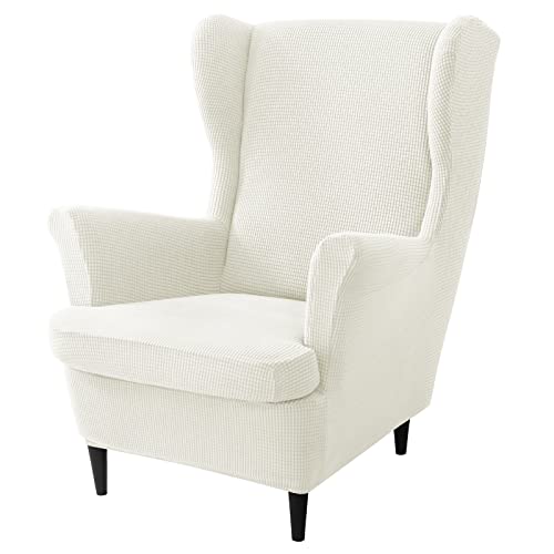 JHLD 2 Stück Stretch Husse für Ohrensessel - Weiche Jacquard Schonbezug Mit Elastischem Boden für Wohnzimmer - Creme von JHLD