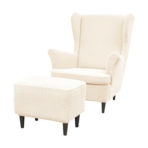 JHLD Ohrensessel Überzug Mit Ottomane Schonbezug, Stretch Spandex Husse Für Ohrensessel Mit Ottomane Bezug Mit Elastischem Boden Sesselbezug Abnehmbare Waschbar-Beige-3 Stück von JHLD