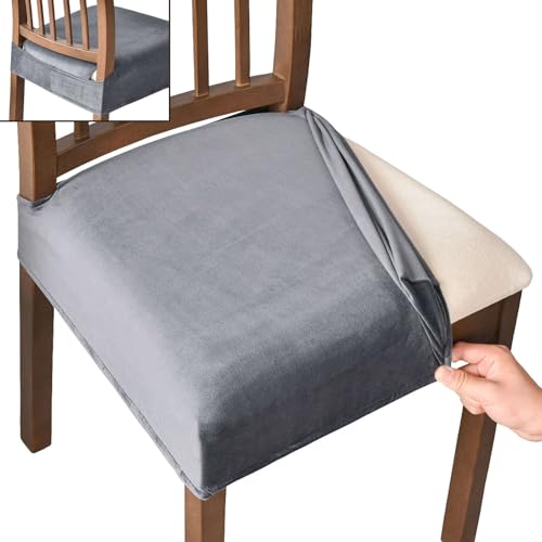 JHLD Samt Esszimmerstuhl Sitzbezüge 2er Set, Esszimmerstuhl Sitzbezug Abnehmbare Waschbar Stretch Sitzbezug Esszimmerstuhl Anti-rutsch Plüsch Stuhlhussen Für Küche Bankett-dunkelgrau-2er Set von JHLD