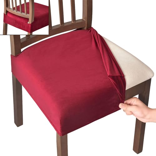 JHLD Samt Esszimmerstuhl Sitzbezüge 4er Set, Esszimmerstuhl Sitzbezug Abnehmbare Waschbar Stretch Sitzbezug Esszimmerstuhl Anti-rutsch Plüsch Stuhlhussen Für Küche Bankett-Weinrot-4er Set von JHLD