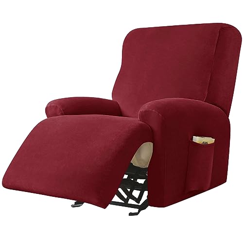 JHLD Samt Stretch Sesselbezug Relaxsessel, 4 Stück Ruhesessel Bezug Weiche Ruhesessel Bezüge Anti-rutsch Relaxsessel Bezug Mit Seitentasche Abnehmbare Waschbar Für Wohnzimmer-Weinrot-1 Sitzer von JHLD