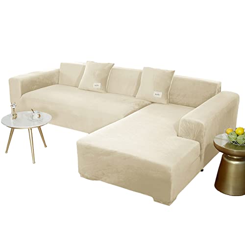 JHLD Sofabezug L Form, Stretch Sofabezug Samt L-förmiger Sofabezug Weiche Anti-rutsch Sofa Überwürfe Für Ecksofa-Beige-3 Sitzer+4 Sitzer von JHLD