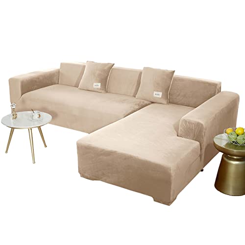 JHLD Sofabezug L Form, Stretch Sofabezug Samt L-förmiger Sofabezug Weiche Anti-rutsch Sofa Überwürfe Für Ecksofa-Beigegrau-2 Sitzer+3 Sitzer von JHLD