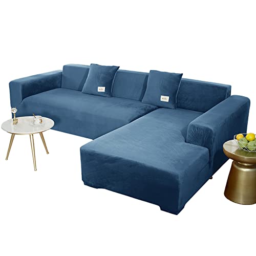 JHLD Sofabezug L Form, Stretch Sofabezug Samt L-förmiger Sofabezug Weiche Anti-rutsch Sofa Überwürfe Für Ecksofa-Blau-2 Sitzer+2 Sitzer von JHLD