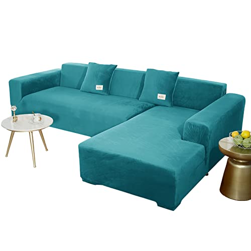 JHLD Sofabezug L Form, Stretch Sofabezug Samt L-förmiger Sofabezug Weiche Anti-rutsch Sofa Überwürfe Für Ecksofa-Blaugrün-2 Sitzer+3 Sitzer von JHLD