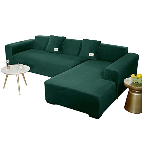JHLD Sofabezug L Form, Stretch Sofabezug Samt L-förmiger Sofabezug Weiche Anti-rutsch Sofa Überwürfe Für Ecksofa-Dunkelgrün-4 Sitzer+4 Sitzer von JHLD