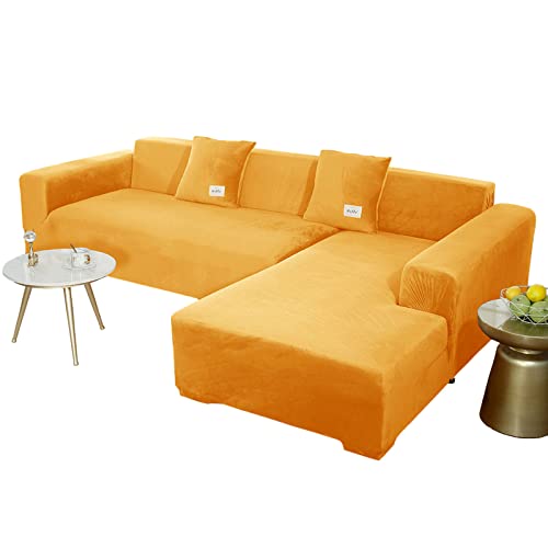 JHLD Sofabezug L Form, Stretch Sofabezug Samt L-förmiger Sofabezug Weiche Anti-rutsch Sofa Überwürfe Für Ecksofa-Golden-3 Sitzer+3 Sitzer von JHLD