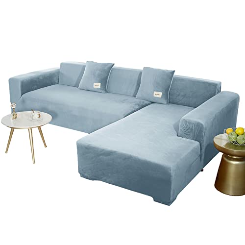 JHLD Sofabezug L Form, Stretch Sofabezug Samt L-förmiger Sofabezug Weiche Anti-rutsch Sofa Überwürfe Für Ecksofa-Hellblau-2 Sitzer+3 Sitzer von JHLD