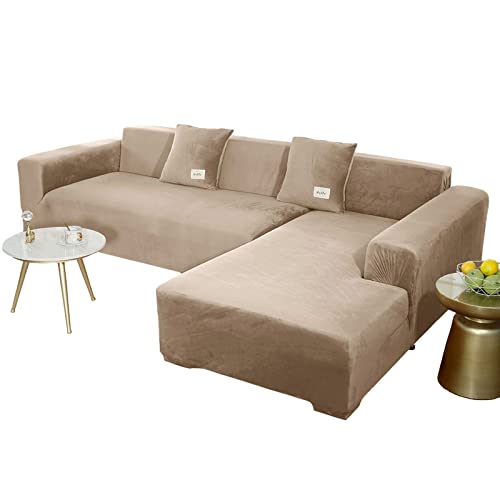 JHLD Sofabezug L Form, Stretch Sofabezug Samt L-förmiger Sofabezug Weiche Anti-rutsch Sofa Überwürfe Für Ecksofa-Kamel-3 Sitzer+3 Sitzer von JHLD