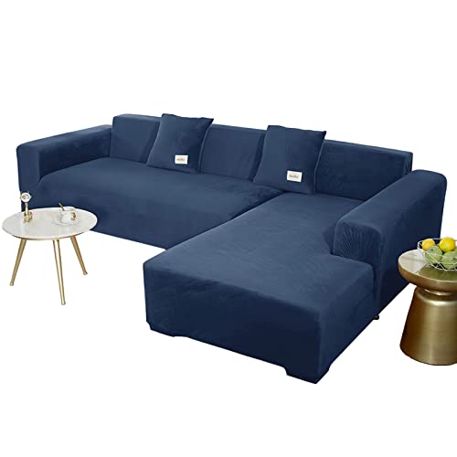 JHLD Sofabezug L Form, Stretch Sofabezug Samt L-förmiger Sofabezug Weiche Anti-rutsch Sofa Überwürfe Für Ecksofa-Marine-3 Sitzer+4 Sitzer von JHLD